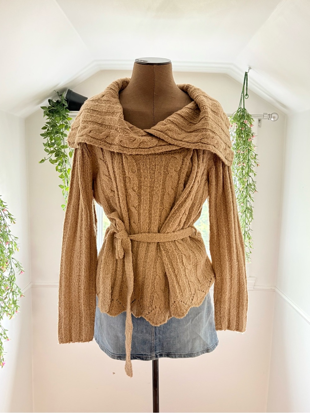 Reitmans Camel Cable-Knit Shawl Collar Belted Cardigan